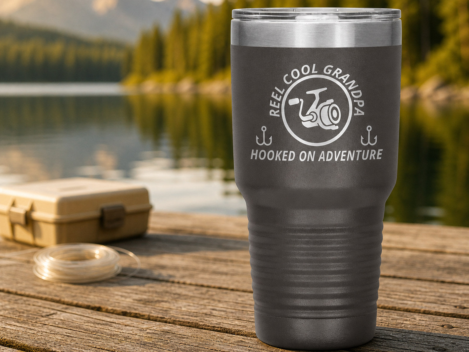 Pewter 30-ounce REEL COOL GRANDPA engraved tumbler on a wooden dock beside a mountain lake.