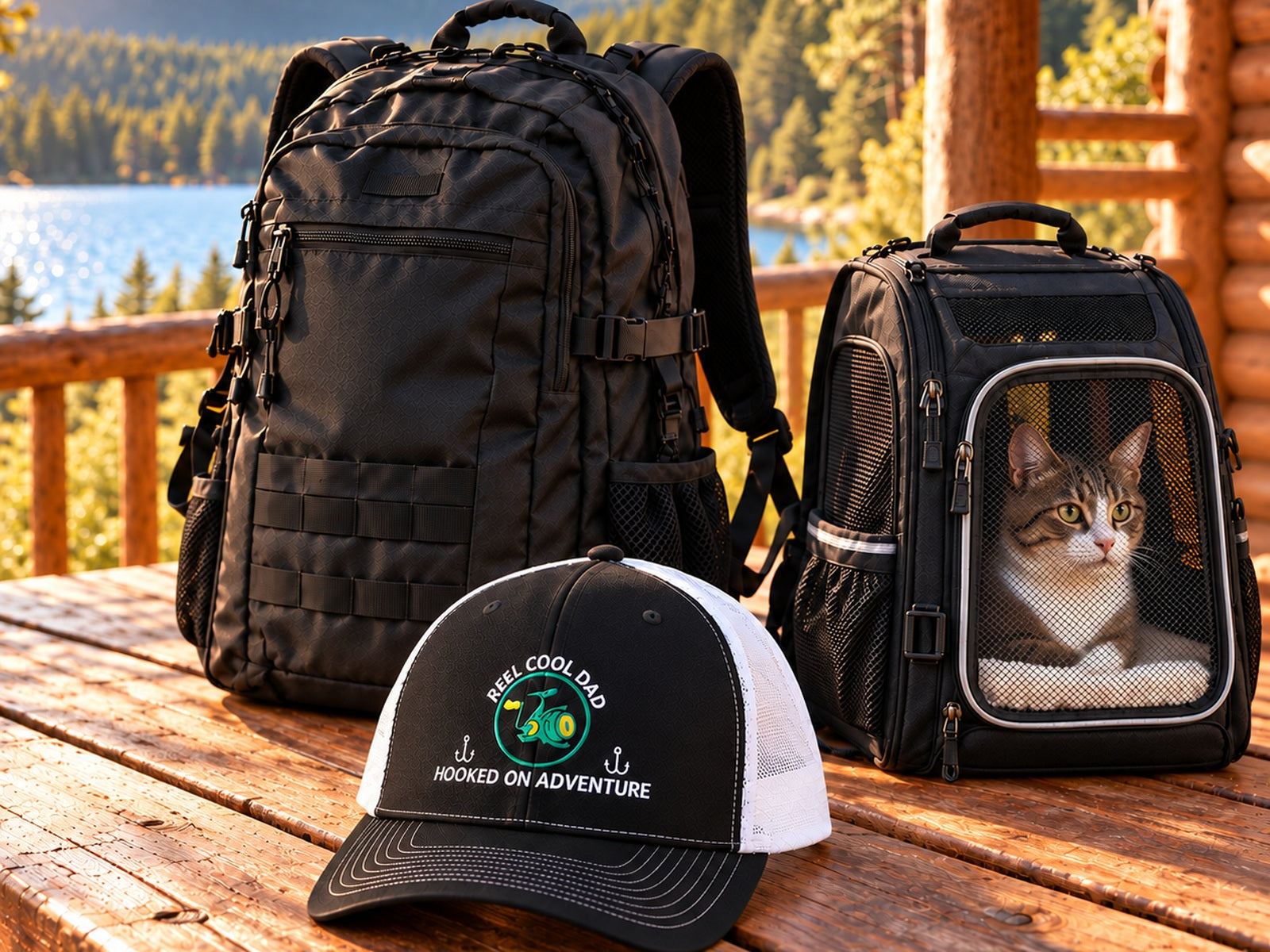 Adventure gear with a black backpack, REEL COOL DAD trucker cap, and cat travel carrier at a scenic lakeside cabin.