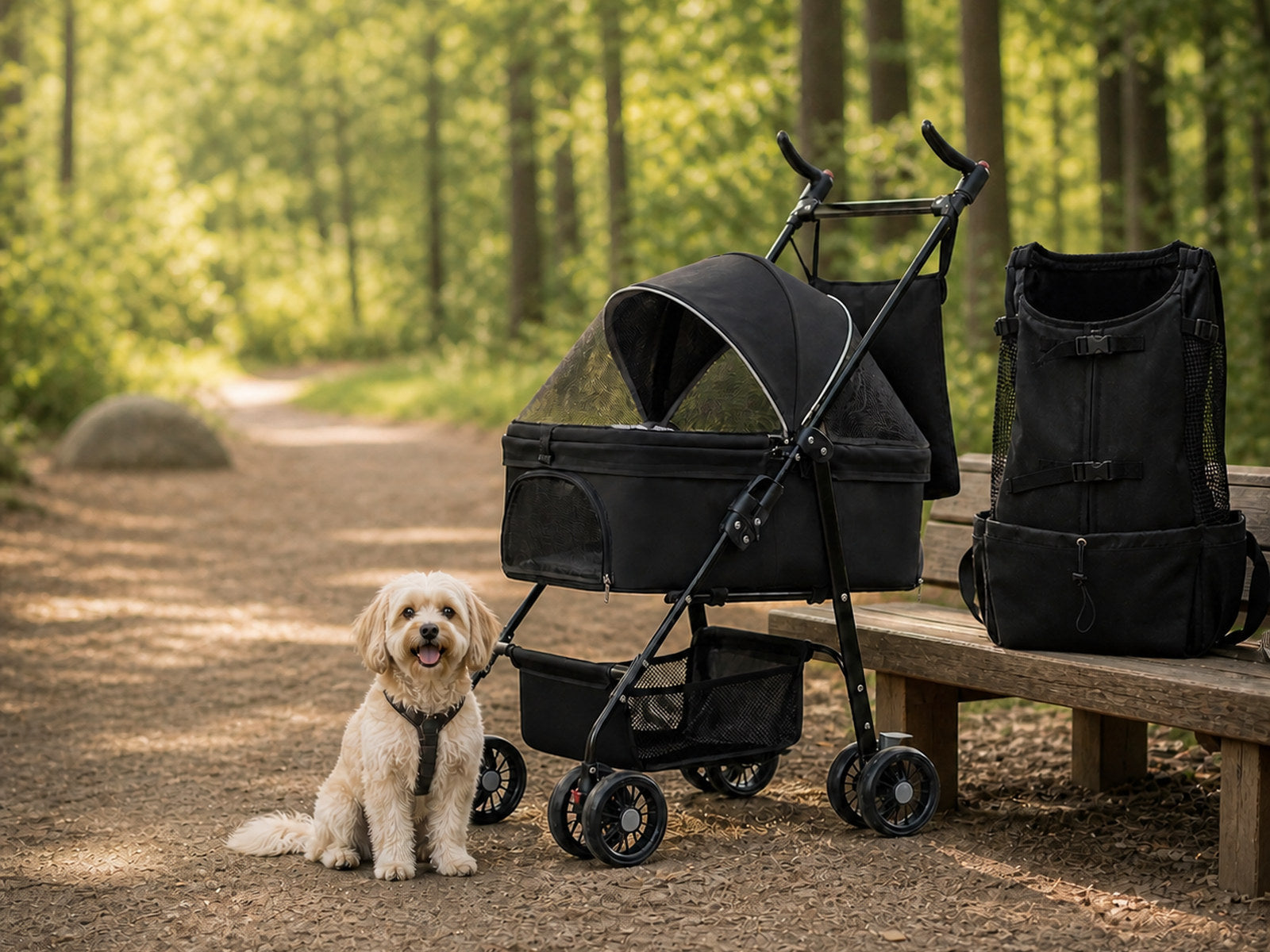 Small cream-colored dog beside a black pet stroller and black pet carrier backpack on a wooded park path.