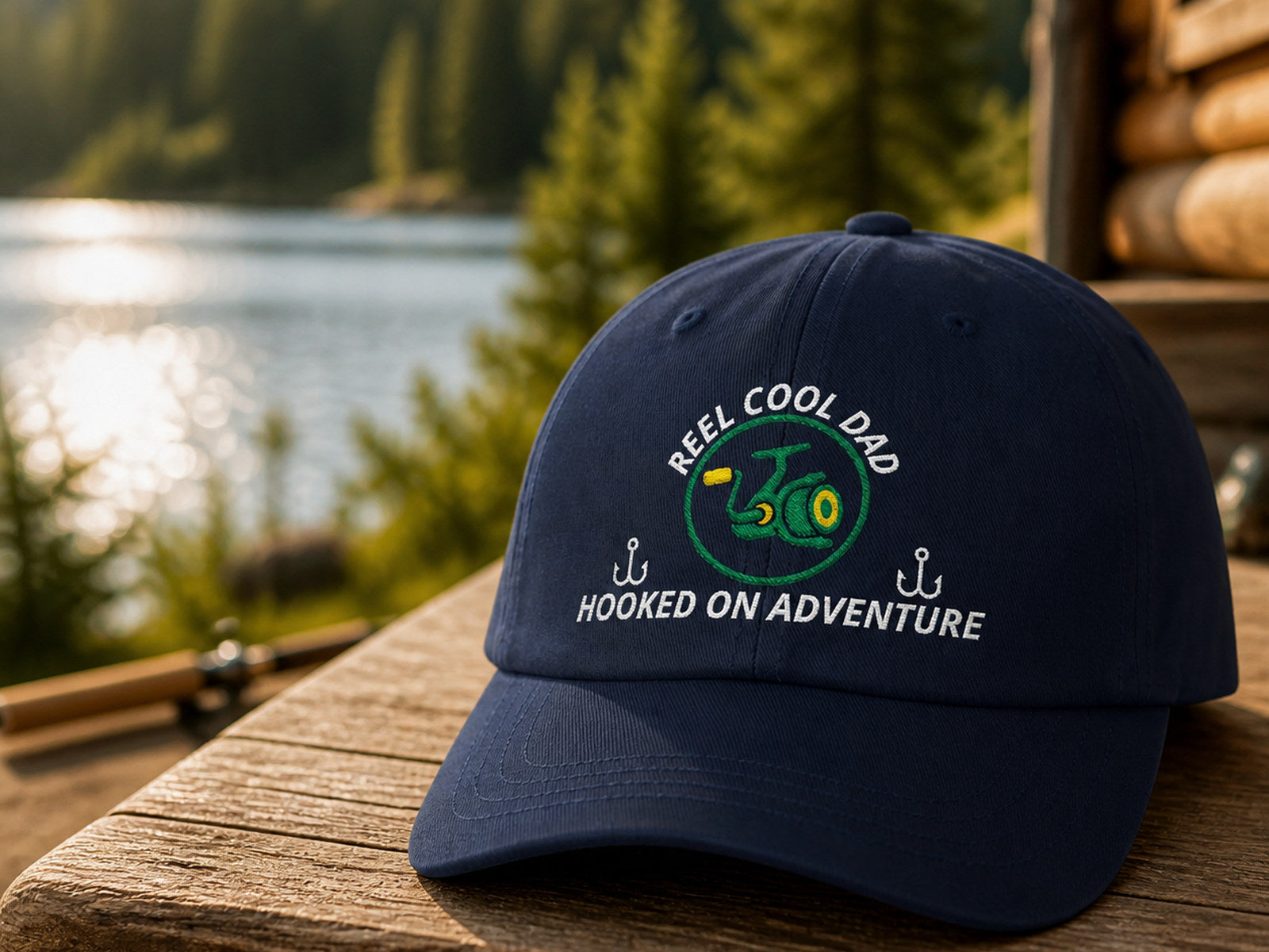 Navy REEL COOL DAD embroidered cap on a wooden cabin bench beside a forest lake.