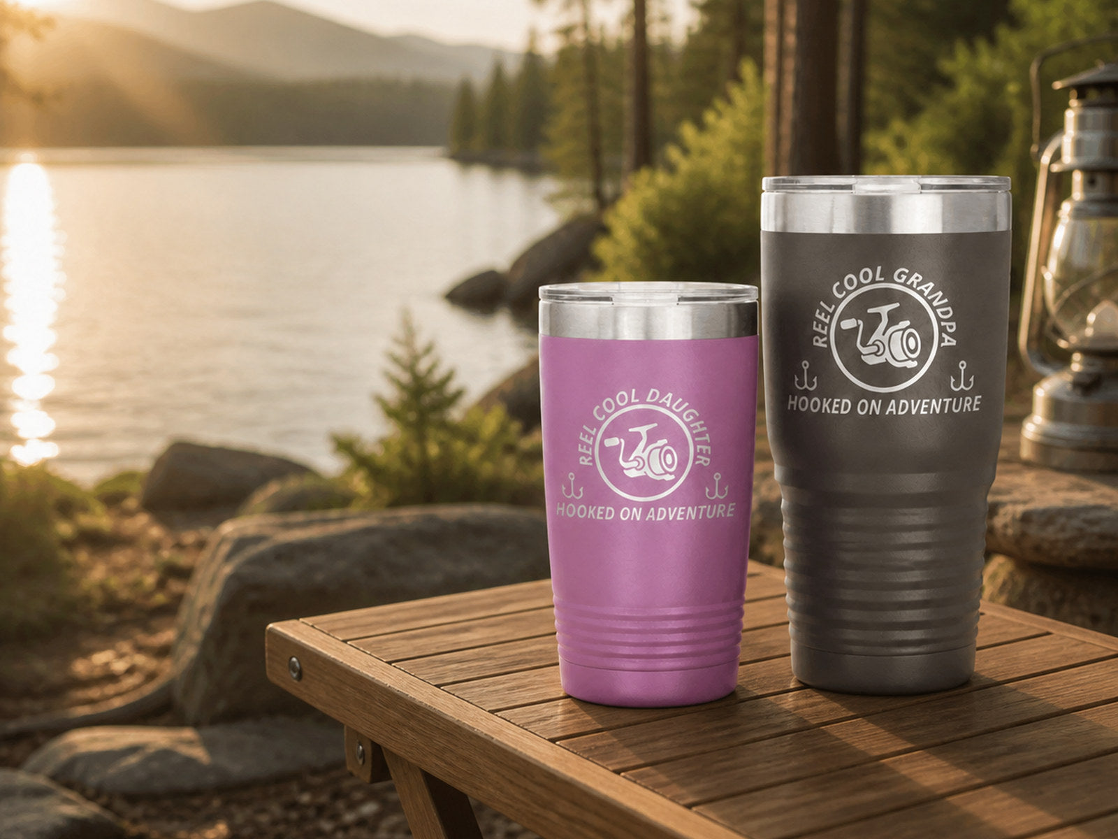 Engraved light purple 20-ounce and pewter 30-ounce tumblers on a campsite table beside a mountain lake.