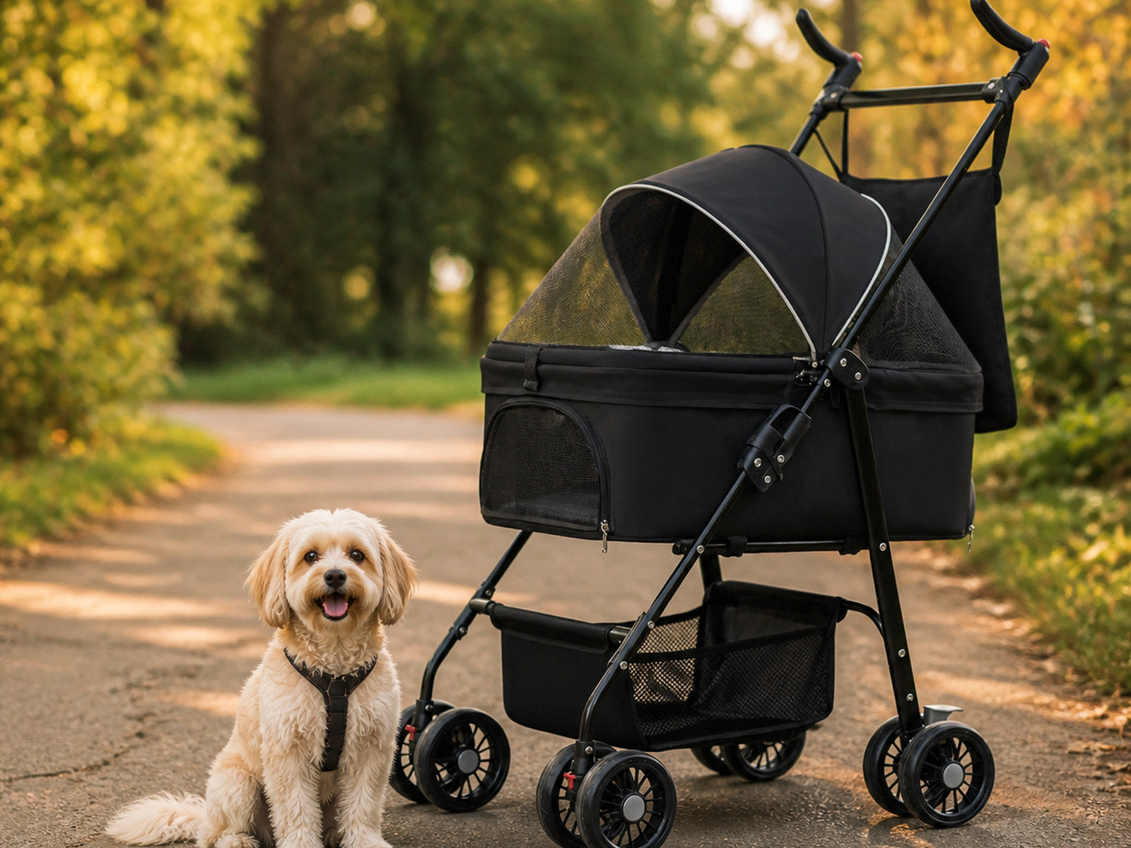 Black four-wheel pet stroller beside a small cream-colored dog on a tree-lined park path.