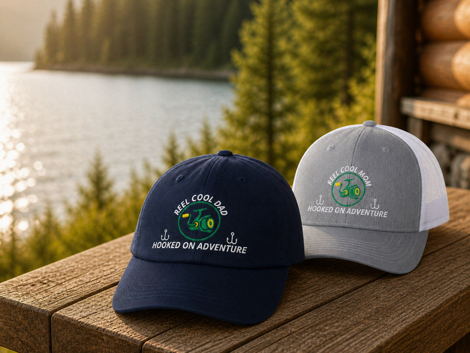 Navy dad cap and heather-gray-and-white trucker cap displayed on a wooden bench beside a forest lake.