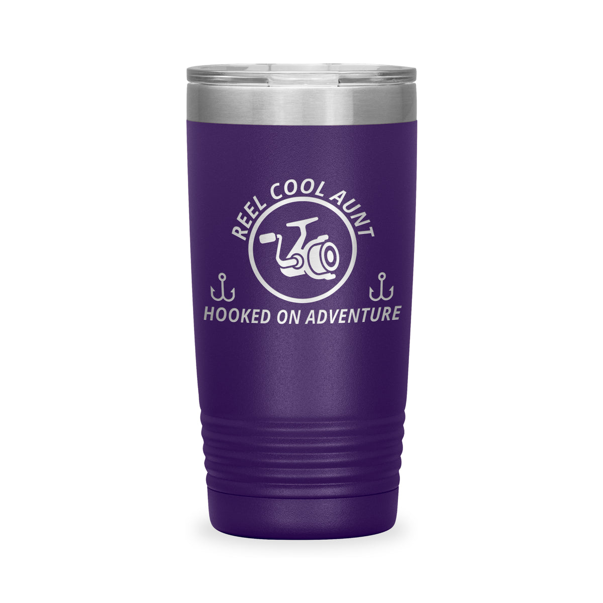 Reel Cool Aunt - Polar Camel 20oz engraved tumbler, front view, Purple
