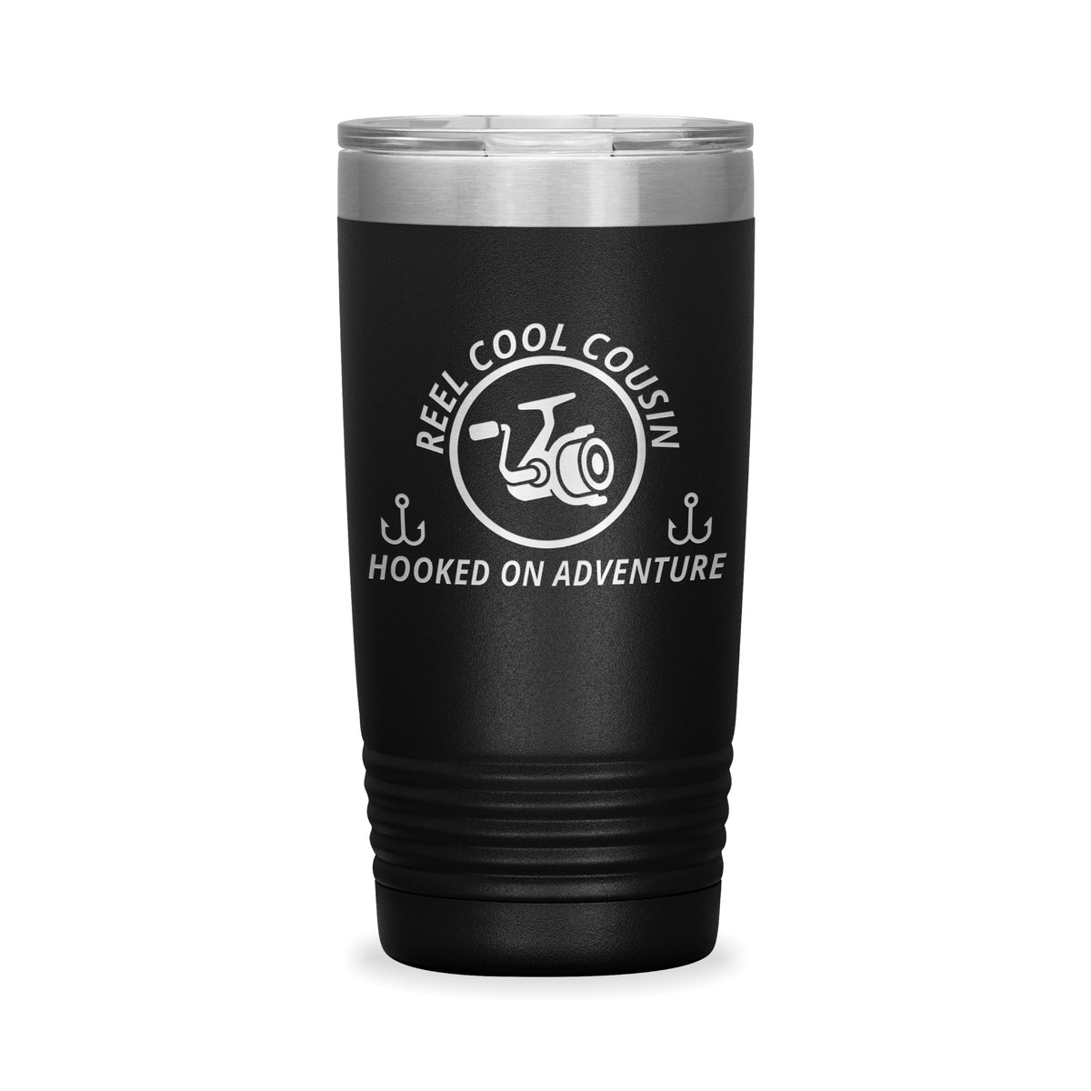 Reel Cool Cousin - Polar Camel 20oz engraved tumbler, front view, Black