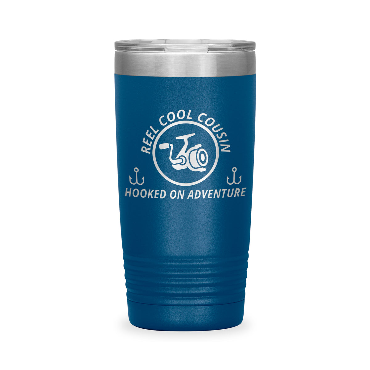 Reel Cool Cousin - Polar Camel 20oz engraved tumbler, front view, Blue