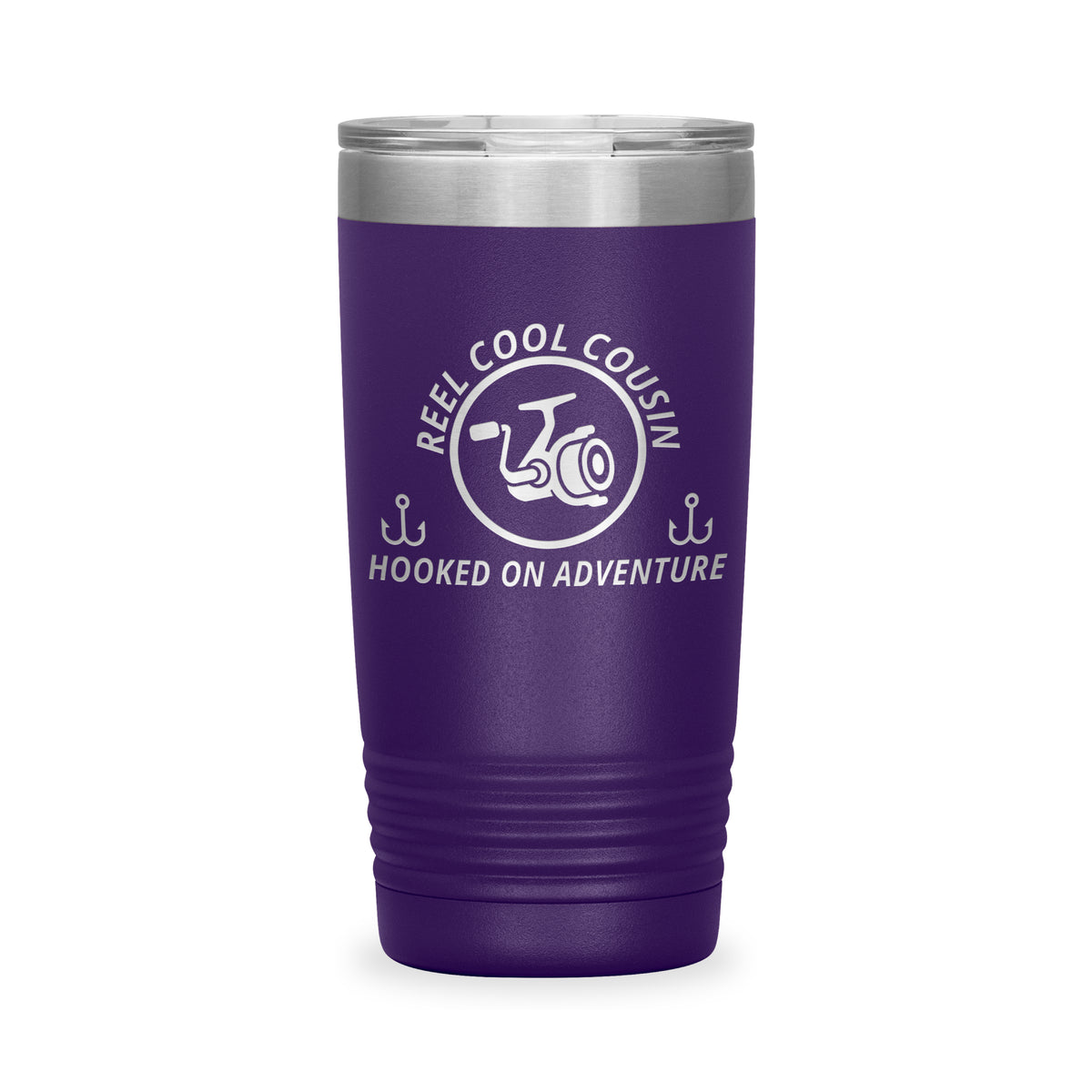 Reel Cool Cousin - Polar Camel 20oz engraved tumbler, front view, Purple