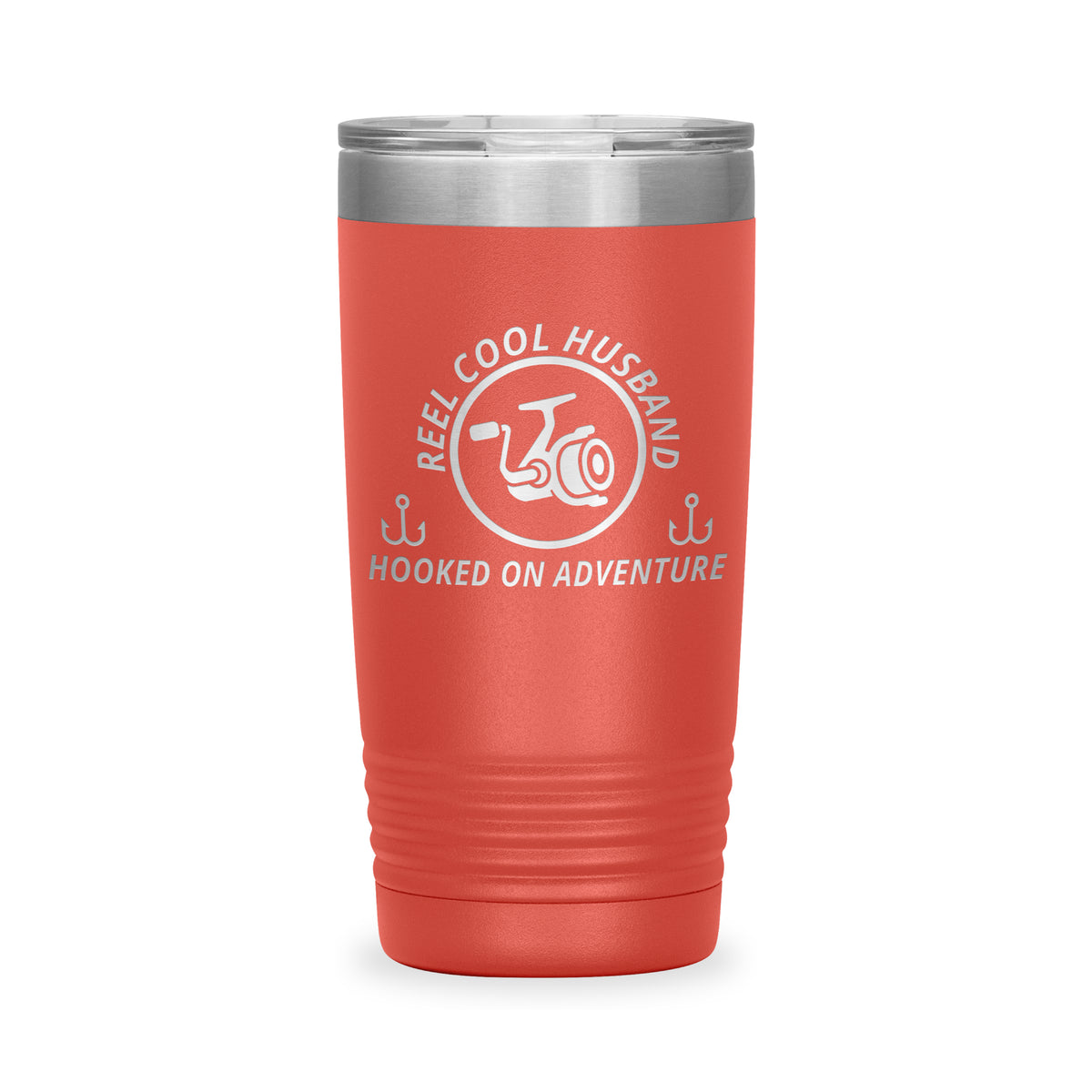 Reel Cool Husband - Polar Camel 20oz engraved tumbler, front view, Coral