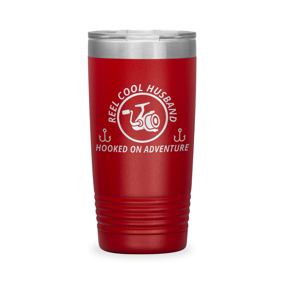 Reel Cool Husband - Polar Camel 20oz engraved tumbler, front view, Red