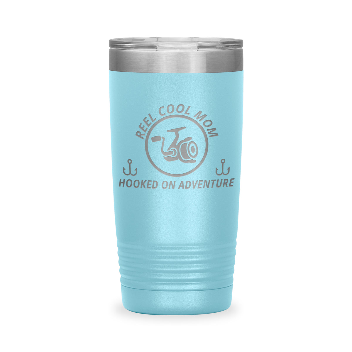 Reel Cool Mom - Polar Camel 20oz engraved tumbler, front view, Light Blue