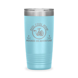 Reel Cool Mom - Polar Camel 20oz engraved tumbler, front view, Light Blue