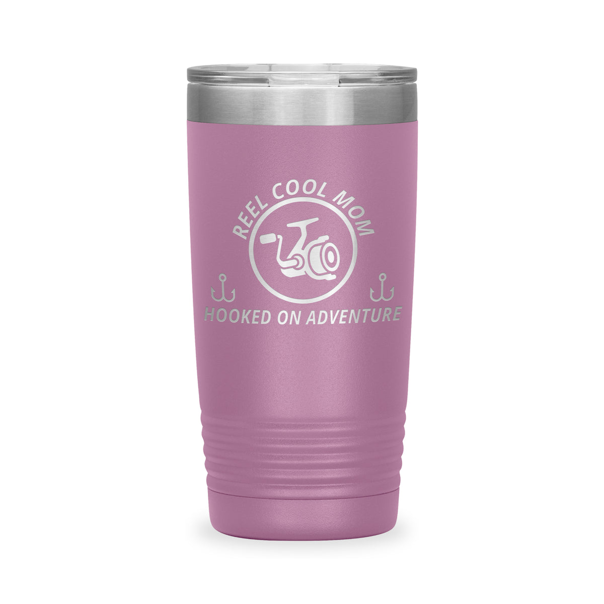 Reel Cool Mom - Polar Camel 20oz engraved tumbler, front view, Light Purple