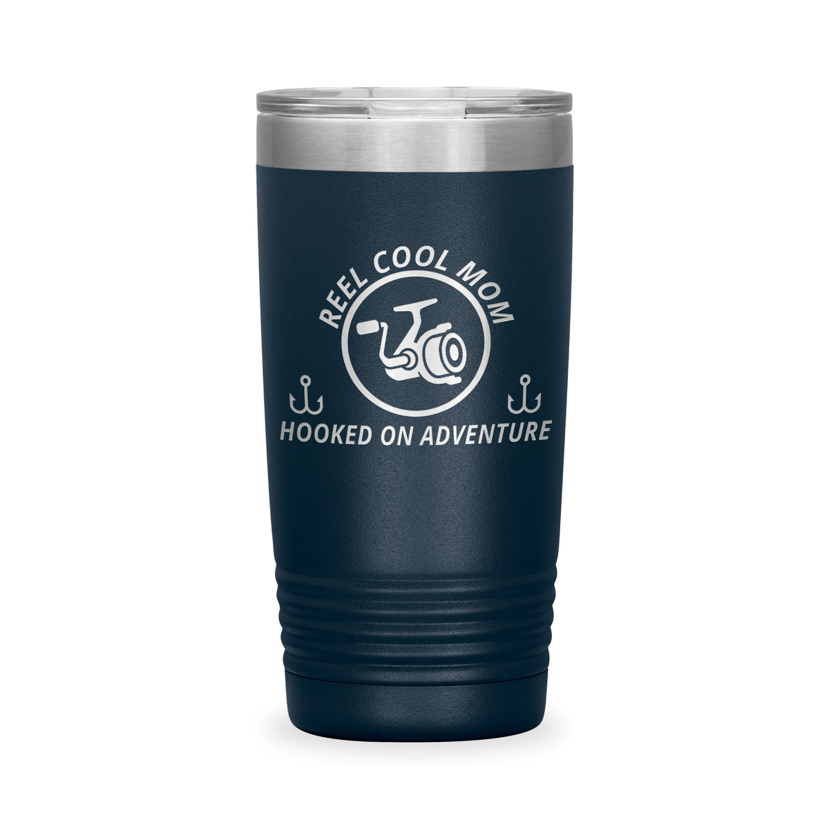Reel Cool Mom - Polar Camel 20oz engraved tumbler, front view, Navy