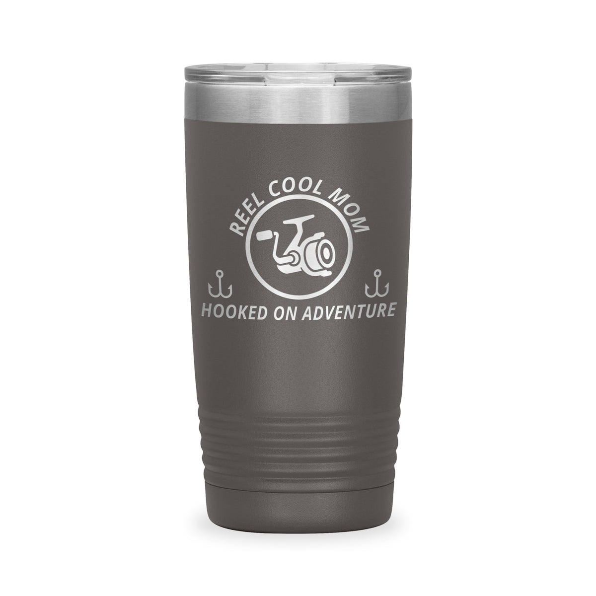 Reel Cool Mom - Polar Camel 20oz engraved tumbler, front view, Pewter