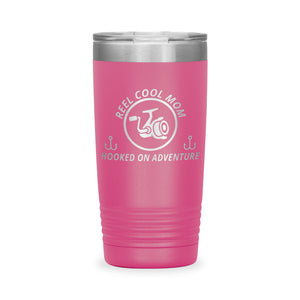 Reel Cool Mom - Polar Camel 20oz engraved tumbler, front view, Pink