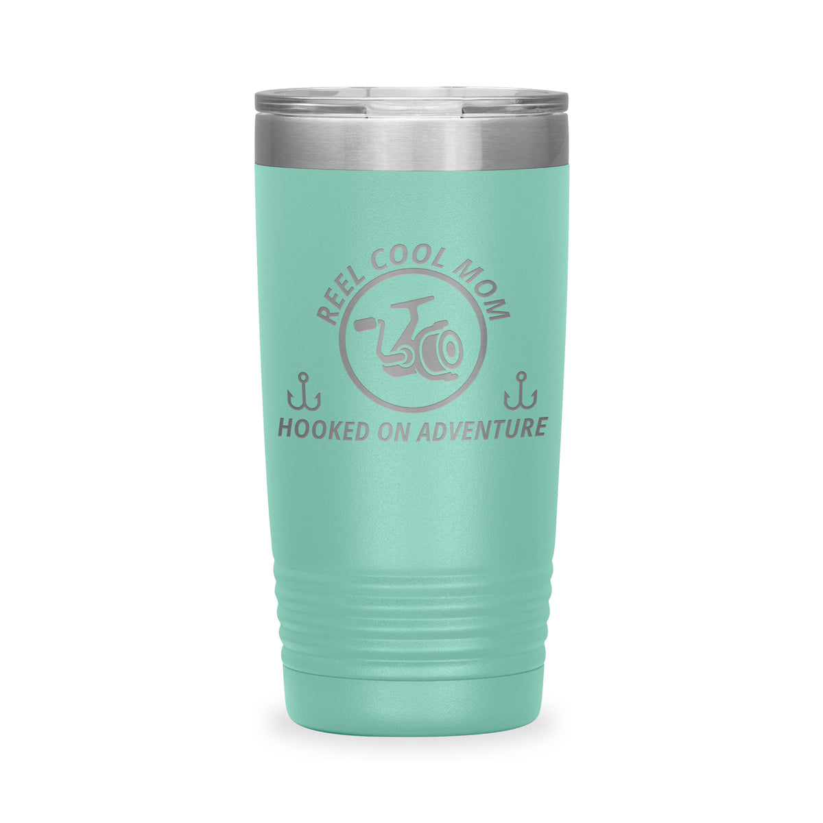 Reel Cool Mom - Polar Camel 20oz engraved tumbler, front view, Teal