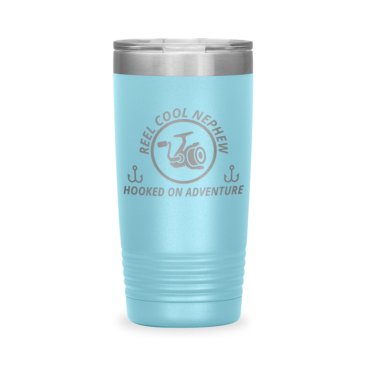 Reel Cool Nephew - Polar Camel 20oz engraved tumbler, front view, Light Blue