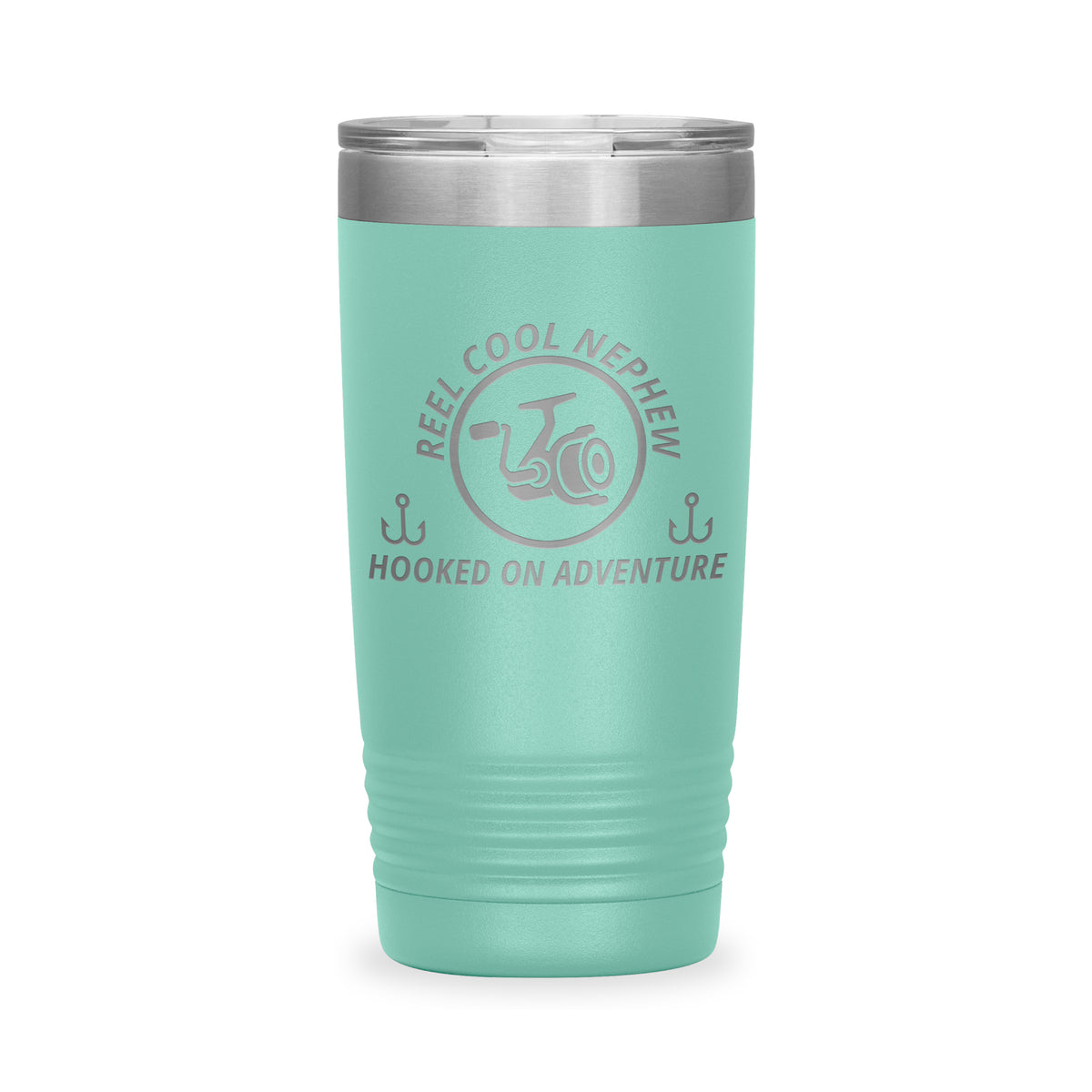 Reel Cool Nephew - Polar Camel 20oz engraved tumbler, front view, Teal
