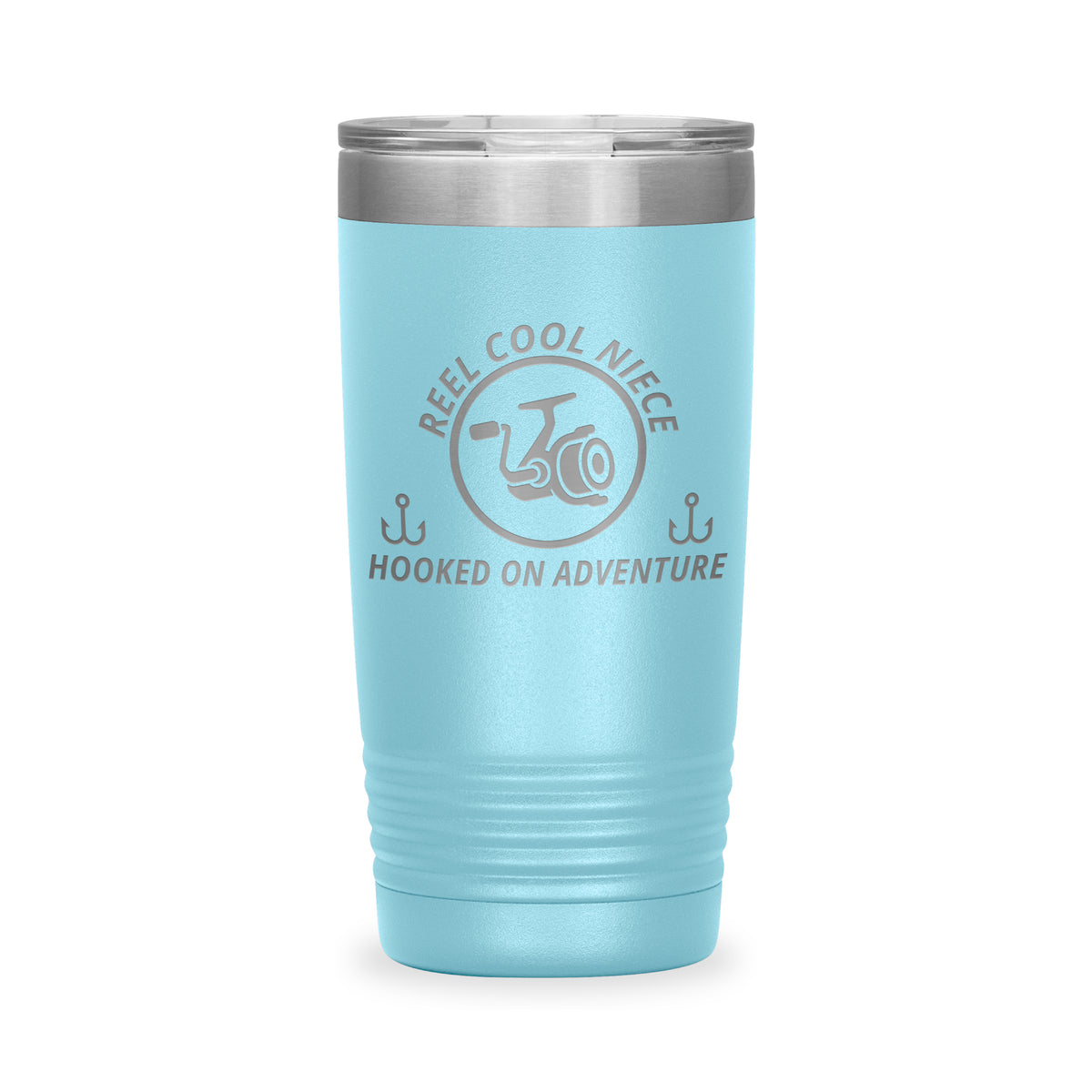 Reel Cool Niece - Polar Camel 20oz engraved tumbler, front view, Light Blue