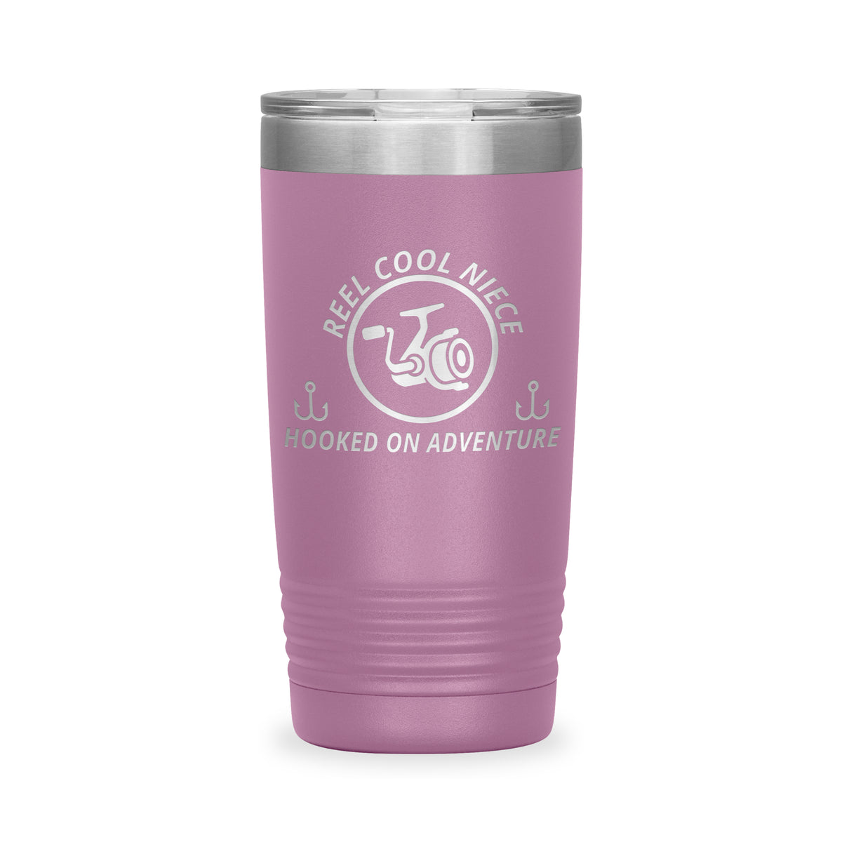 Reel Cool Niece - Polar Camel 20oz engraved tumbler, front view, Light Purple