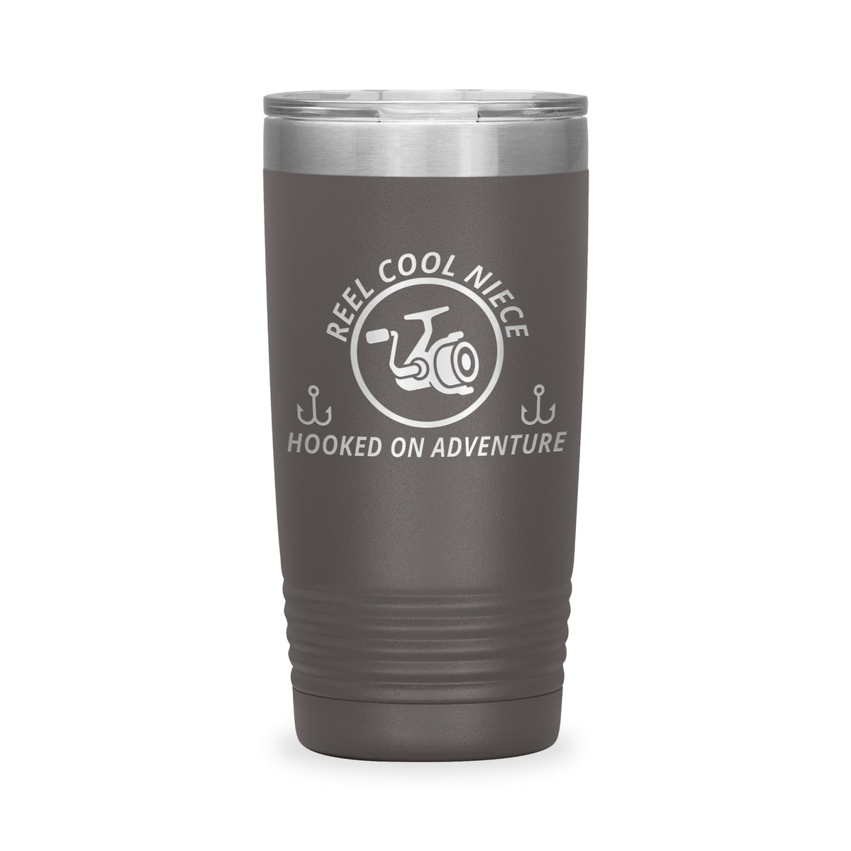 Reel Cool Niece - Polar Camel 20oz engraved tumbler, front view, Pewter