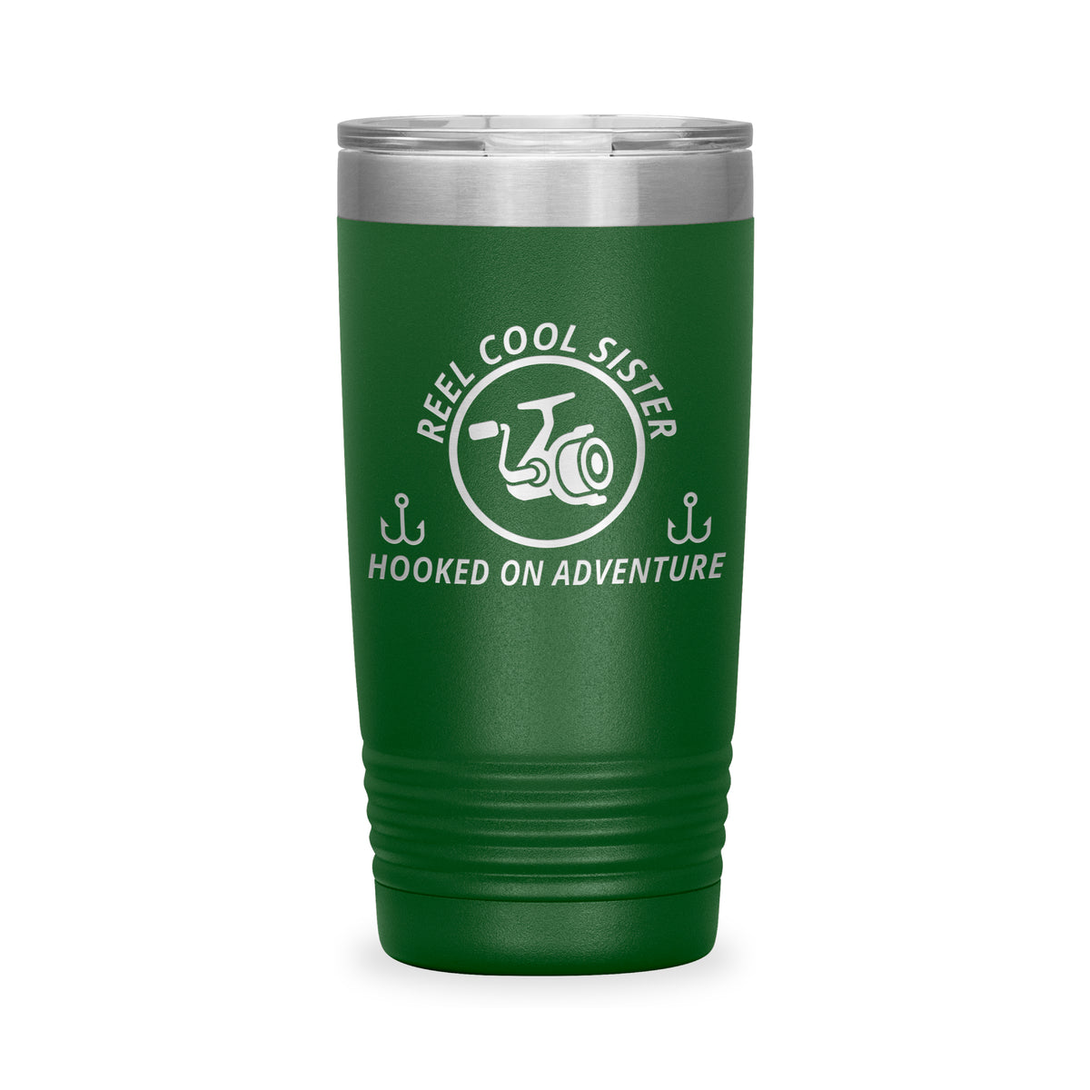 Reel Cool Sister - Polar Camel 20oz engraved tumbler, front view, Green