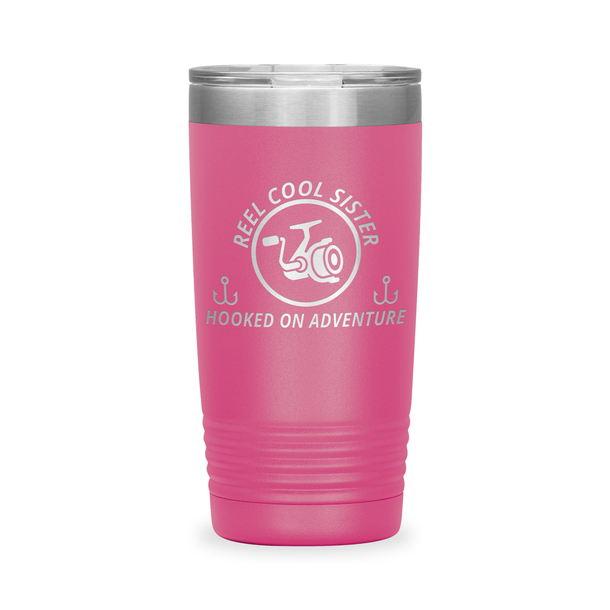 Reel Cool Sister - Polar Camel 20oz engraved tumbler, front view, Pink