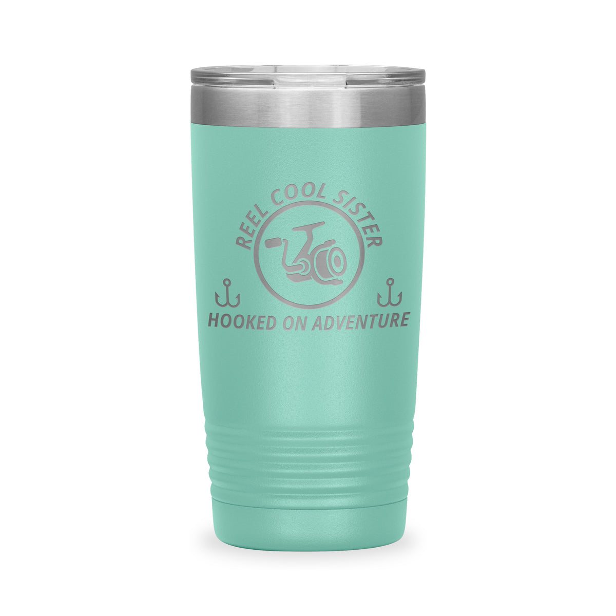 Reel Cool Sister - Polar Camel 20oz engraved tumbler, front view, Teal
