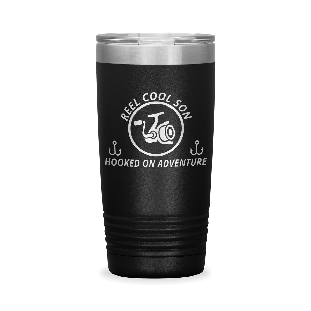 Reel Cool Son - Polar Camel 20oz engraved tumbler, front view, Black