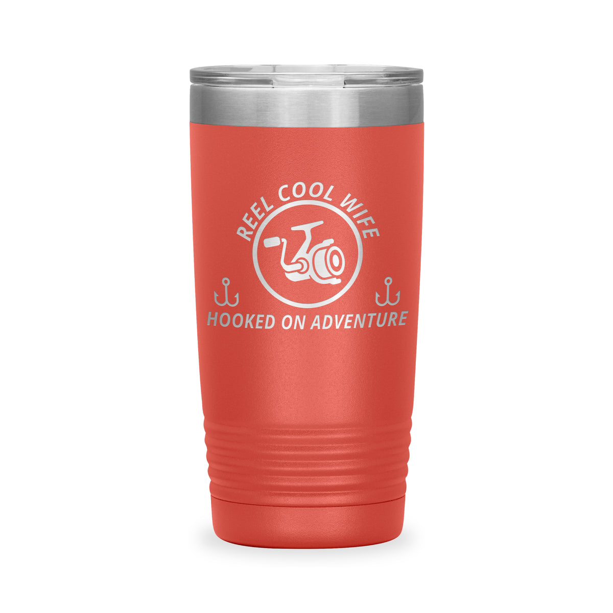 Reel Cool Wife - Polar Camel 20oz engraved tumbler, front view, Coral