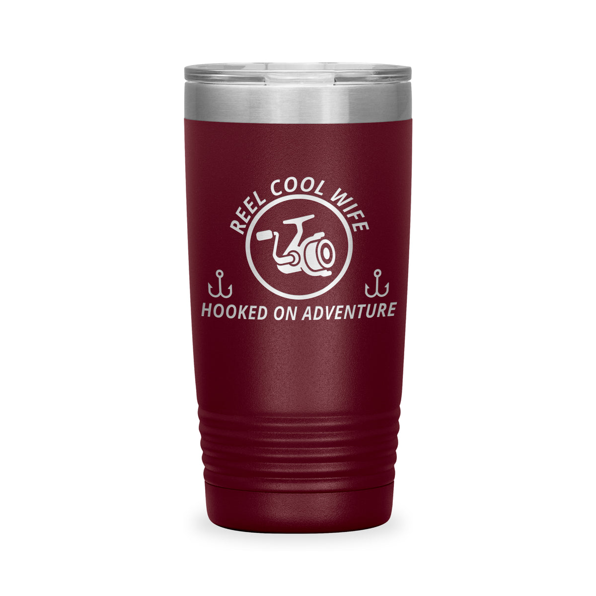 Reel Cool Wife - Polar Camel 20oz engraved tumbler, front view, Maroon