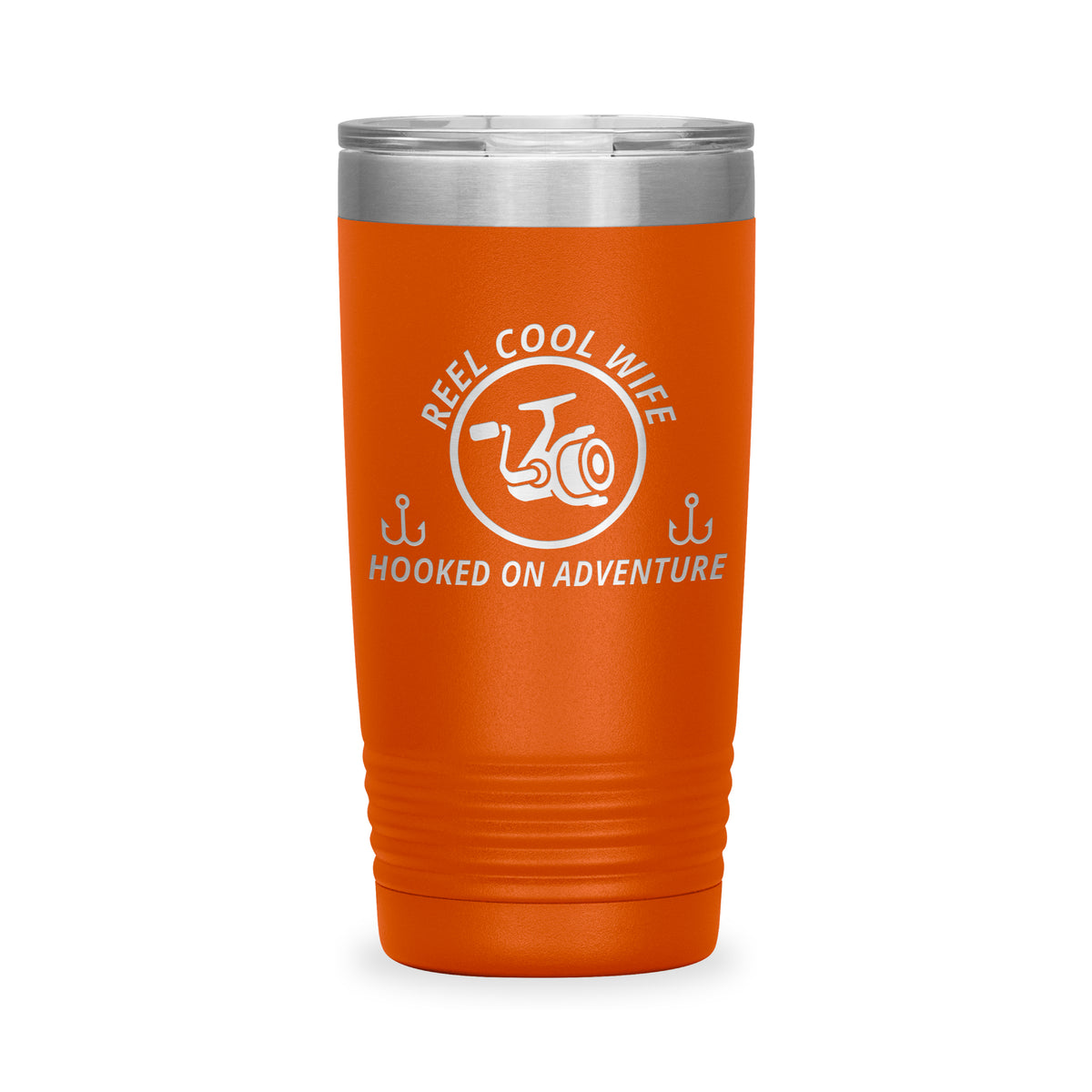 Reel Cool Wife - Polar Camel 20oz engraved tumbler, front view, Orange