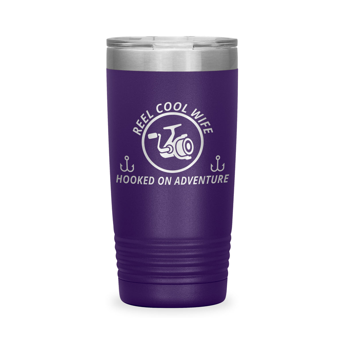 Reel Cool Wife - Polar Camel 20oz engraved tumbler, front view, Purple