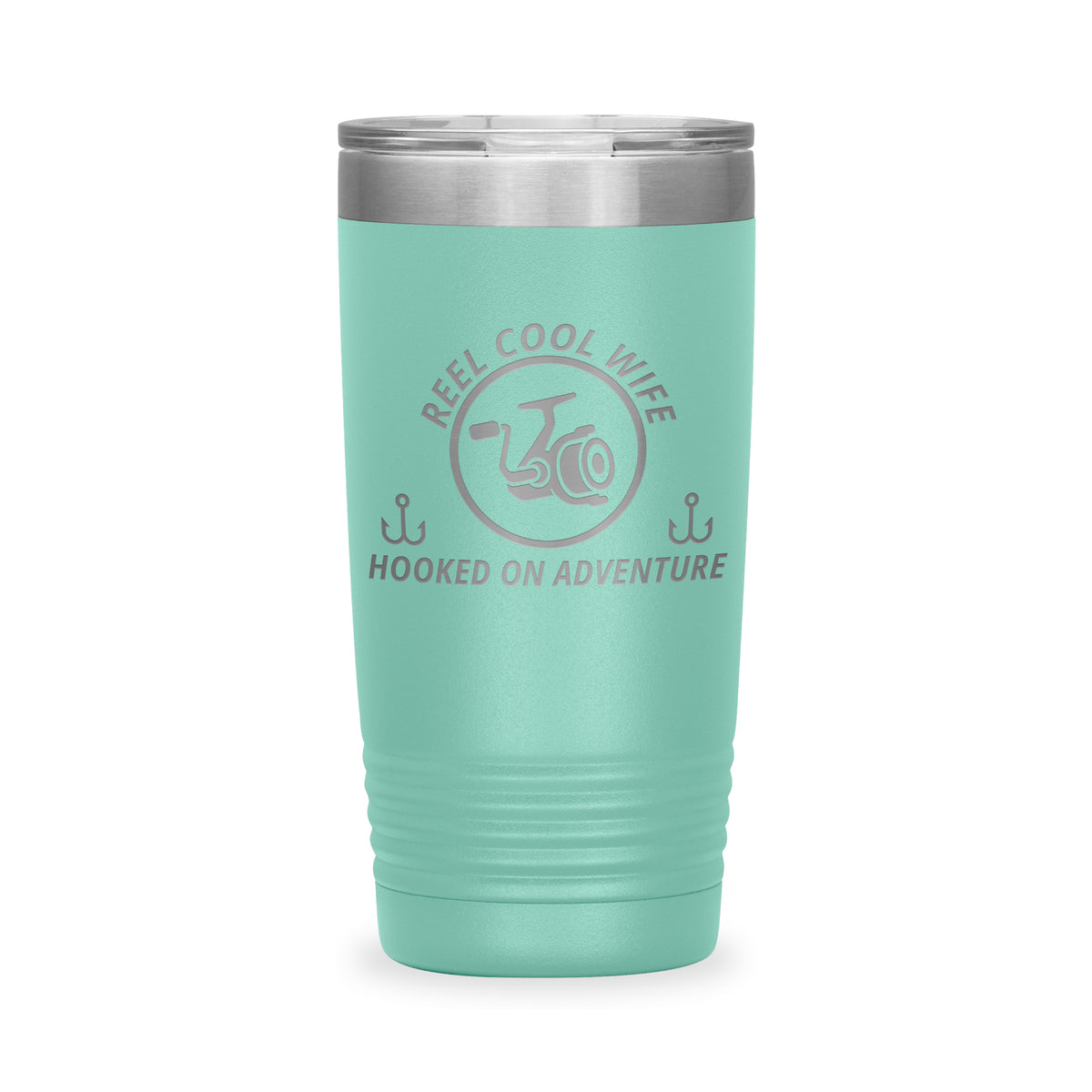 Reel Cool Wife - Polar Camel 20oz engraved tumbler, front view, Teal