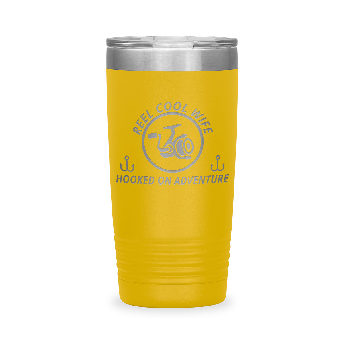 Reel Cool Wife - Polar Camel 20oz engraved tumbler, front view, Yellow