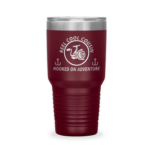 Reel Cool Cousin - Polar Camel 30oz engraved tumbler, front view, Maroon