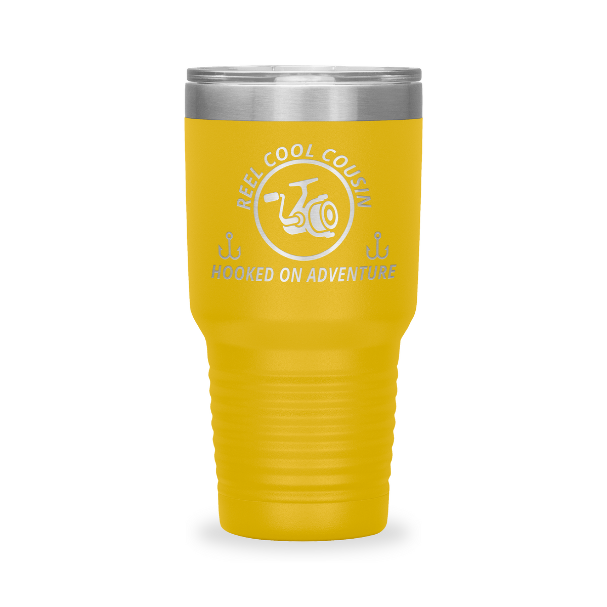 Reel Cool Cousin - Polar Camel 30oz engraved tumbler, front view, Yellow