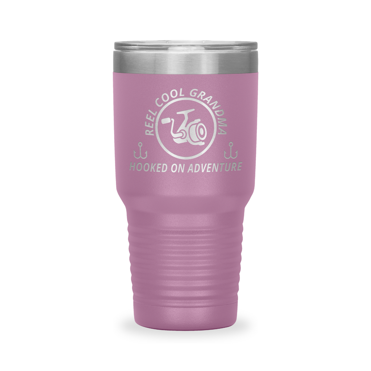 Reel Cool Grandma - Polar Camel 30oz engraved tumbler, front view, Light Purple