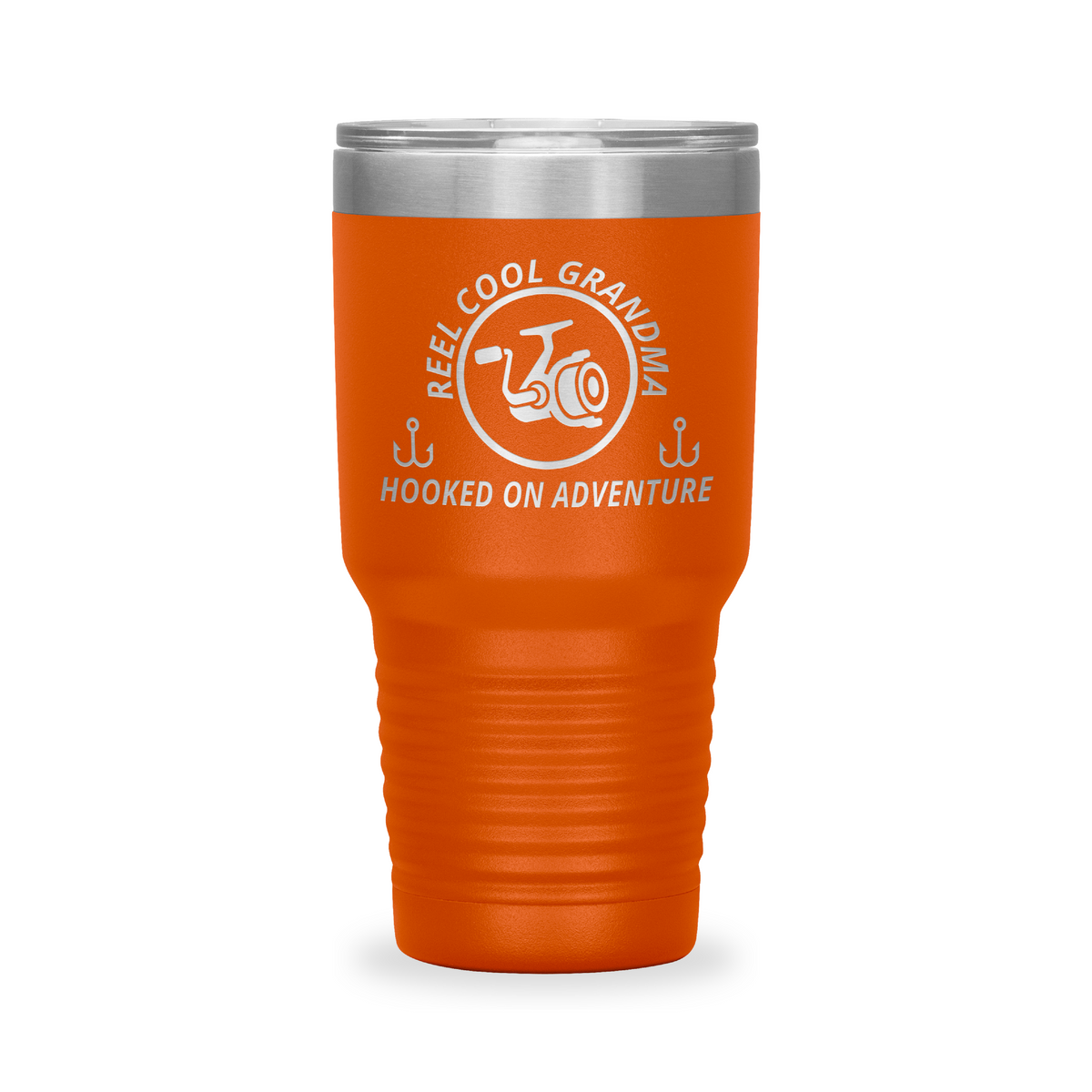 Reel Cool Grandma - Polar Camel 30oz engraved tumbler, front view, Orange