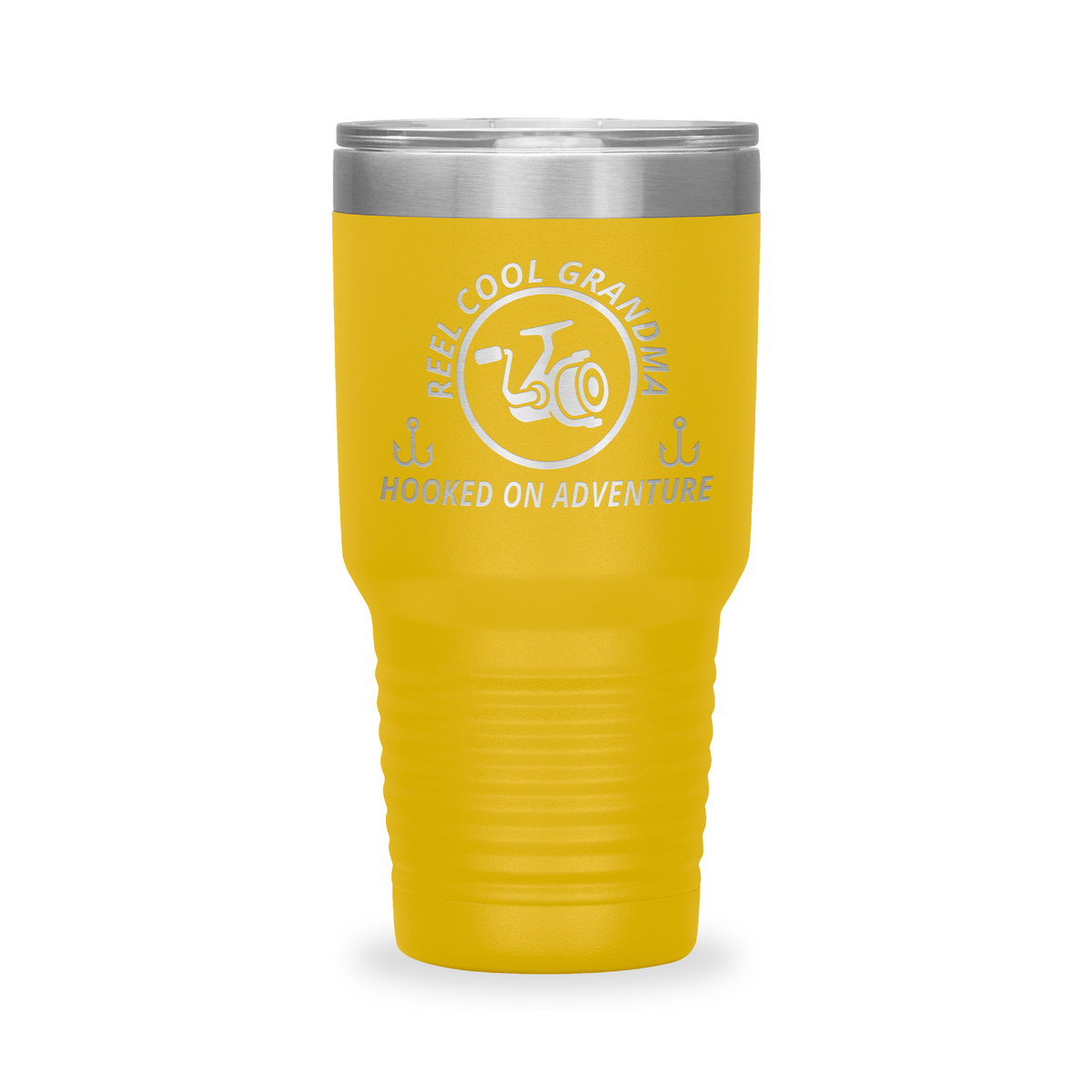 Reel Cool Grandma - Polar Camel 30oz engraved tumbler, front view, Yellow