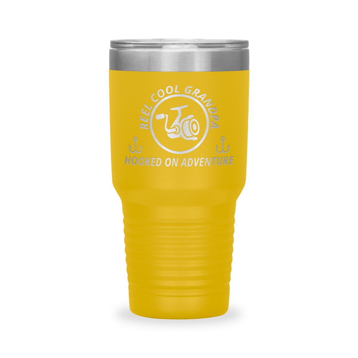 Reel Cool Grandpa - Polar Camel 30oz engraved tumbler, front view, Yellow