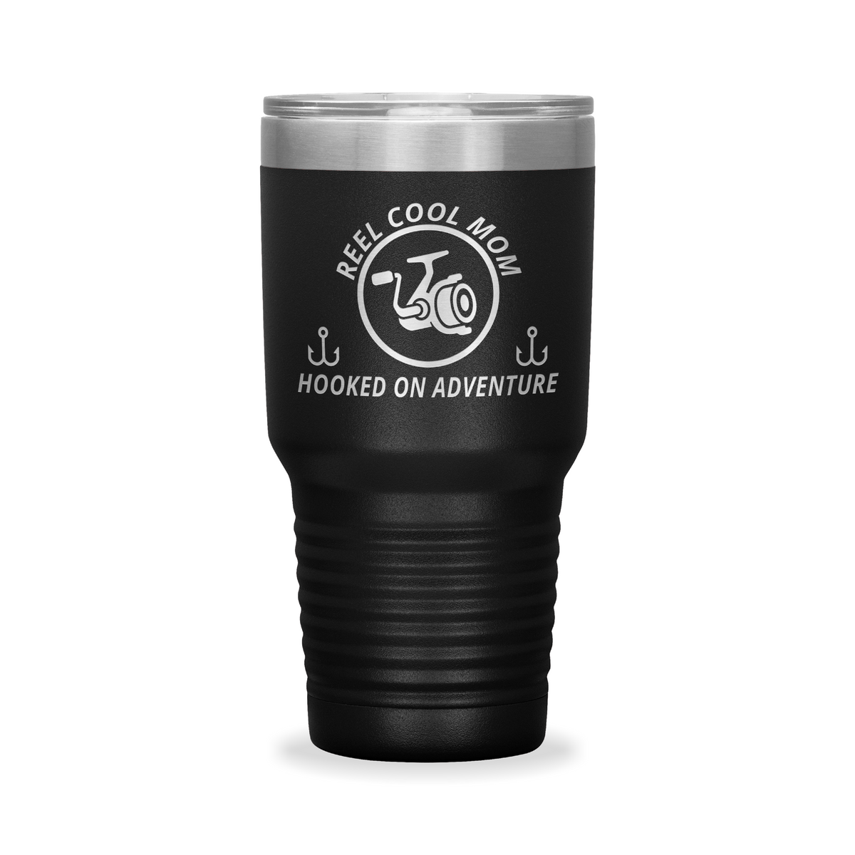 Reel Cool Mom - Polar Camel 30oz engraved tumbler, front view, Black
