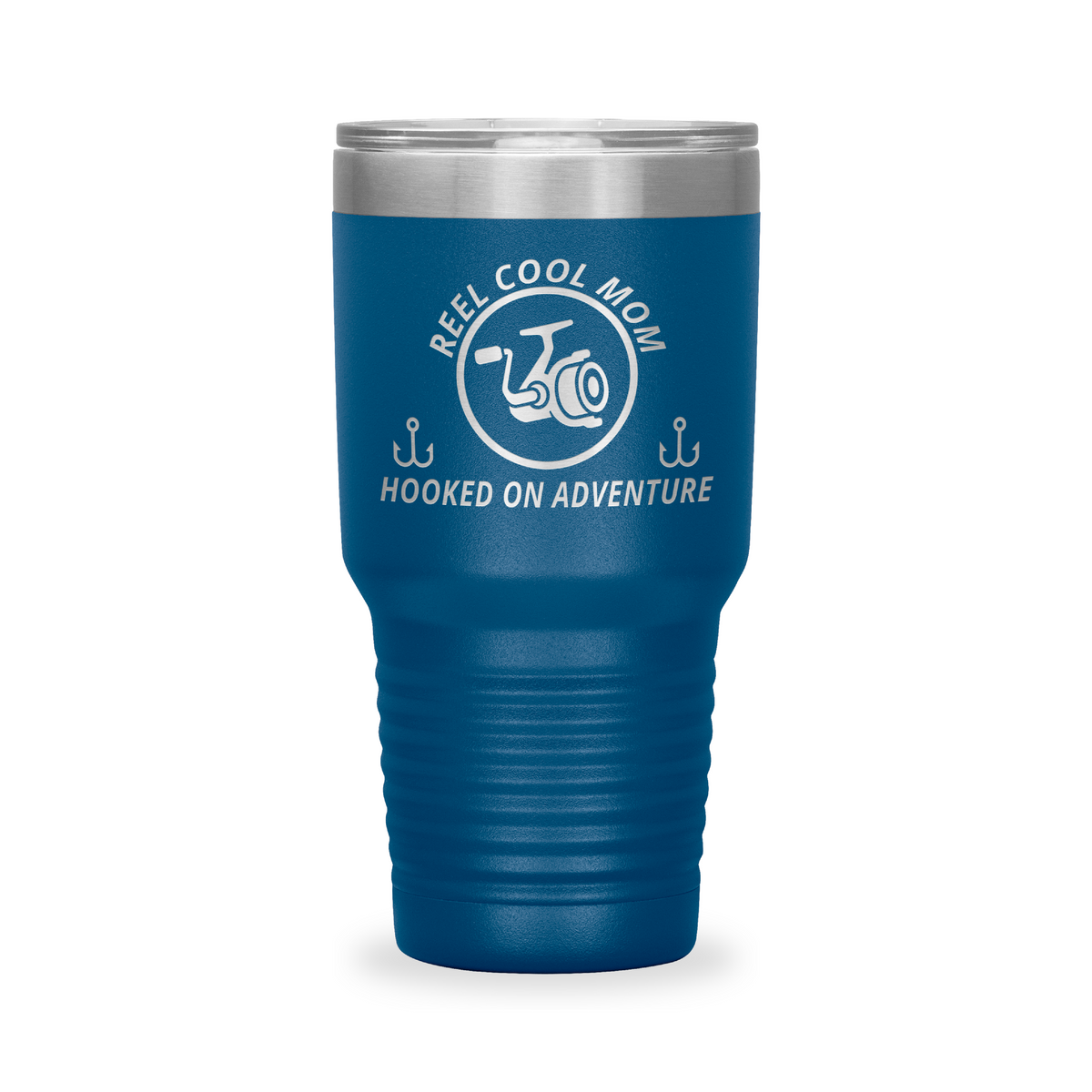 Reel Cool Mom - Polar Camel 30oz engraved tumbler, front view, Blue