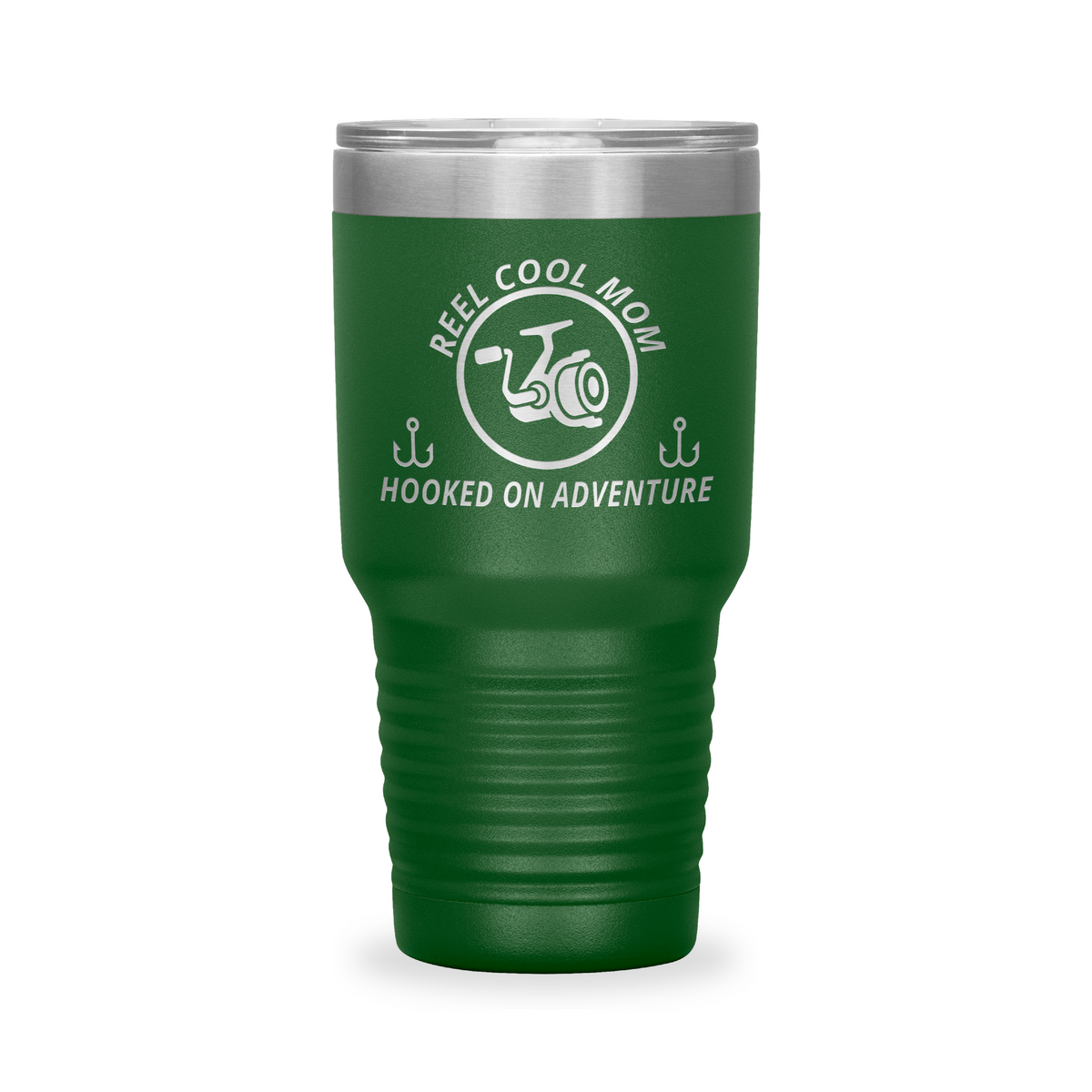 Reel Cool Mom - Polar Camel 30oz engraved tumbler, front view, Green