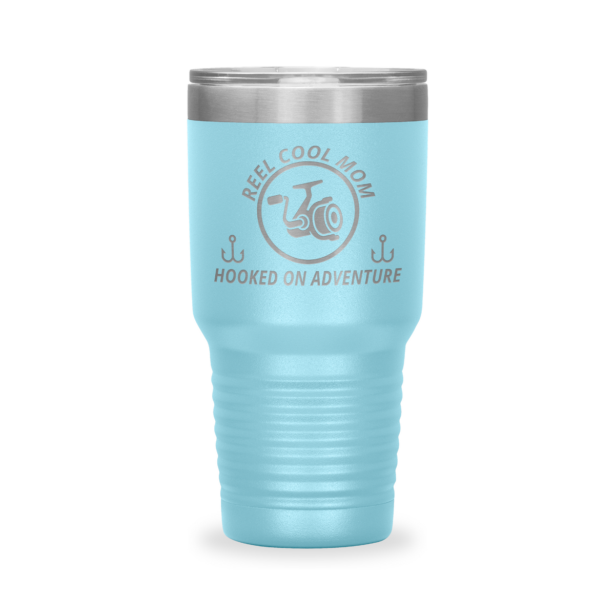 Reel Cool Mom - Polar Camel 30oz engraved tumbler, front view, Light Blue