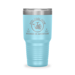 Reel Cool Mom - Polar Camel 30oz engraved tumbler, front view, Light Blue