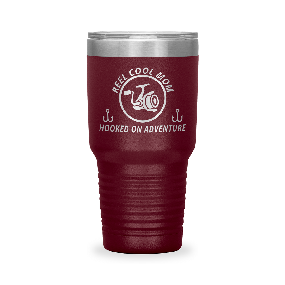 Reel Cool Mom - Polar Camel 30oz engraved tumbler, front view, Maroon