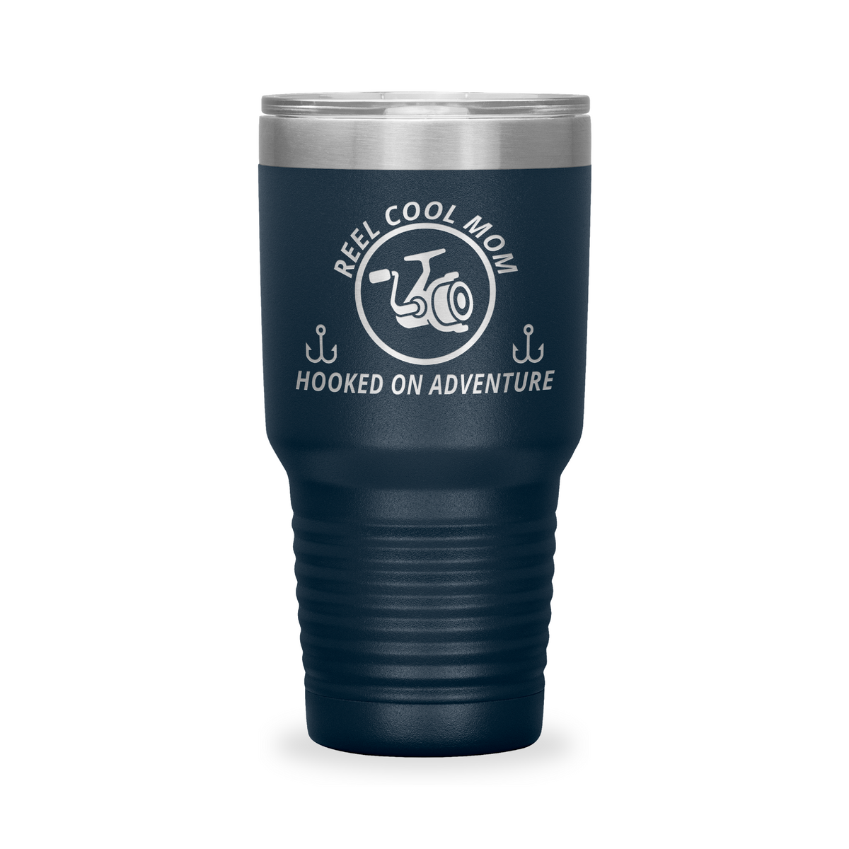 Reel Cool Mom - Polar Camel 30oz engraved tumbler, front view, Navy
