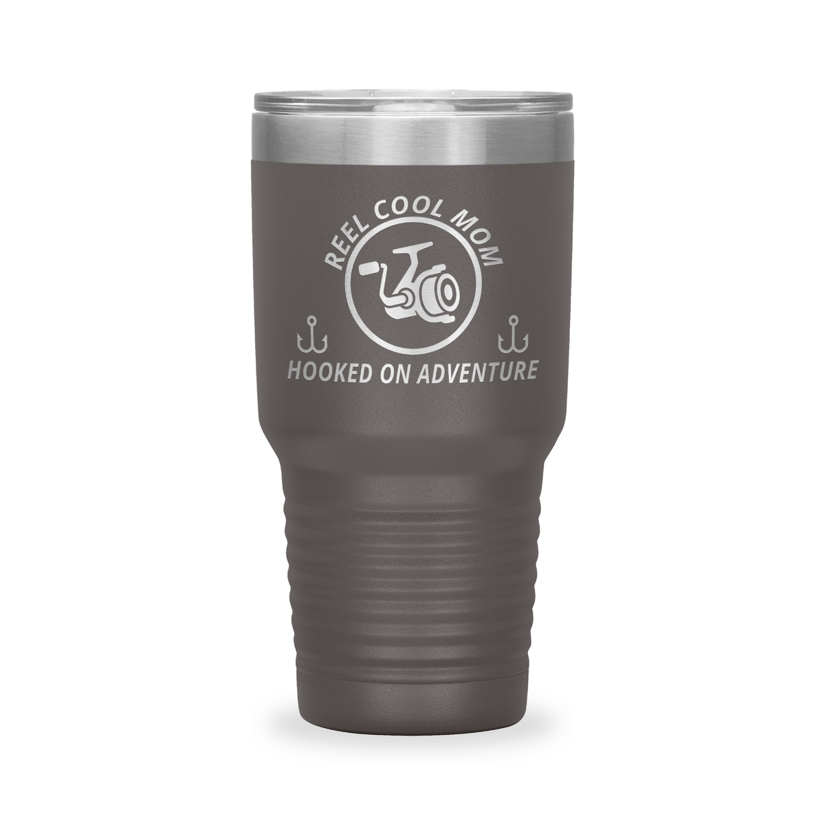 Reel Cool Mom - Polar Camel 30oz engraved tumbler, front view, Pewter