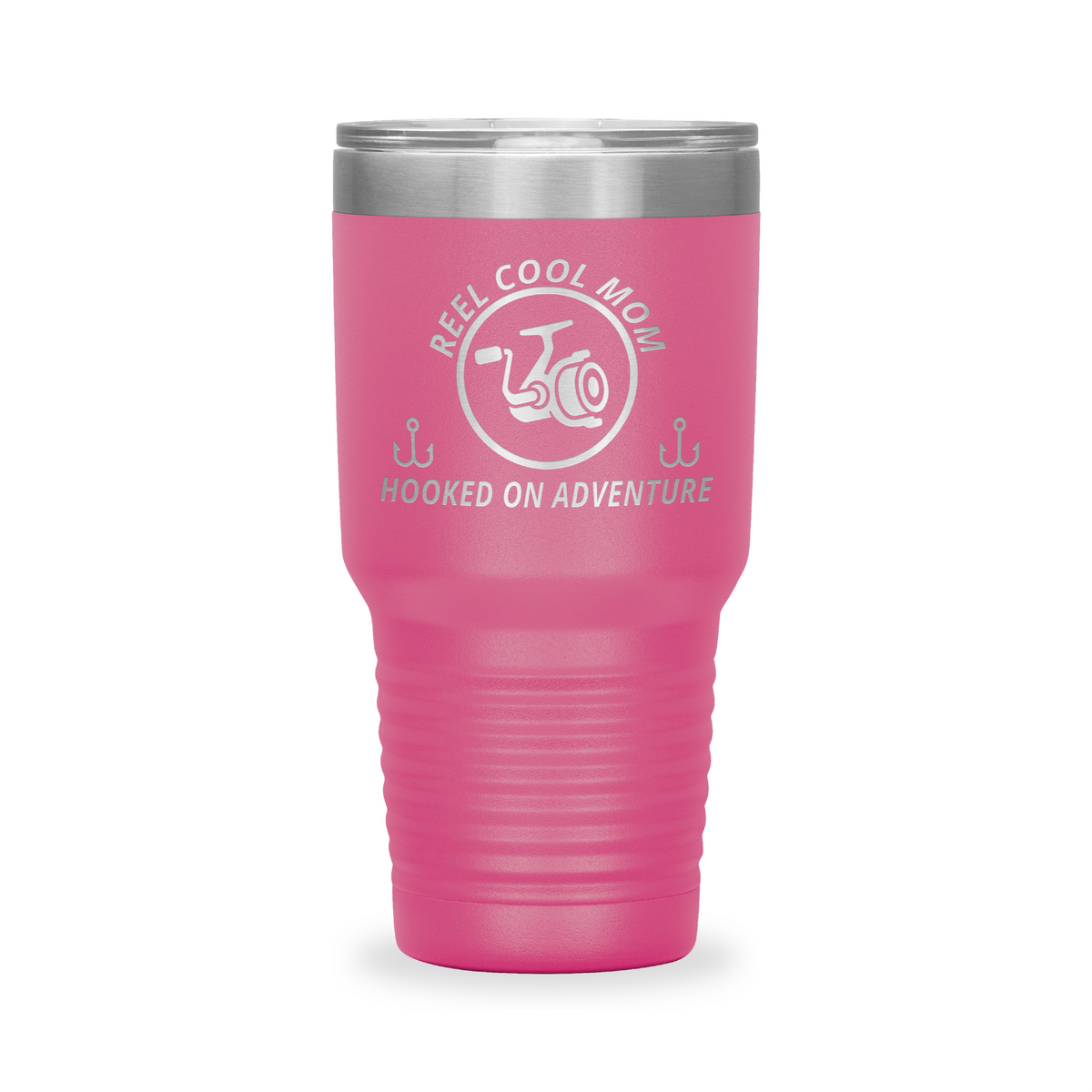 Reel Cool Mom - Polar Camel 30oz engraved tumbler, front view, Pink